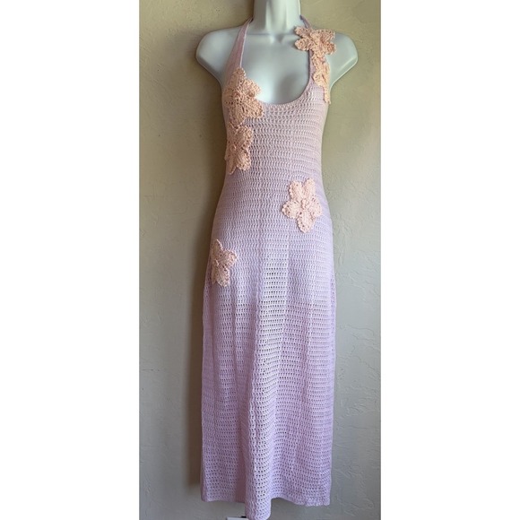 unbranded Dresses & Skirts - Open Knit Crochet Halter Maxi Dress S 3D Floral Appliqué Cover Up Coquette Y2K